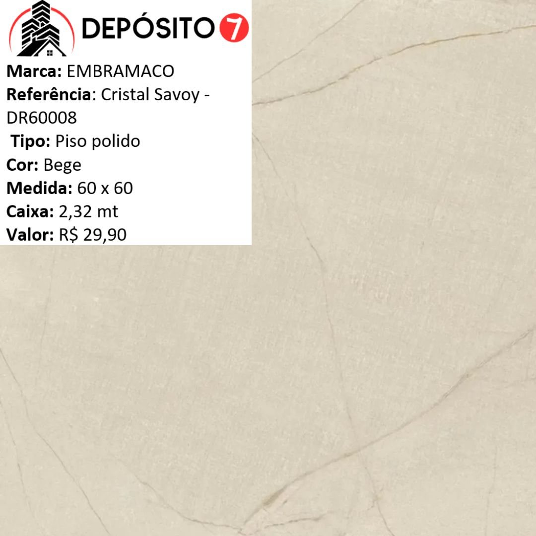 EMBRAMACO PISO RETIFICADO 60X60 CRISTAL SAVOY DR60008 (CAIXA COM 2,88MT)